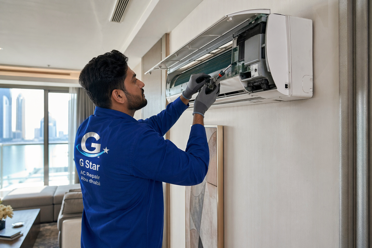 Professional AC technician repairing a split air conditioner in a modern Abu Dhabi home interior