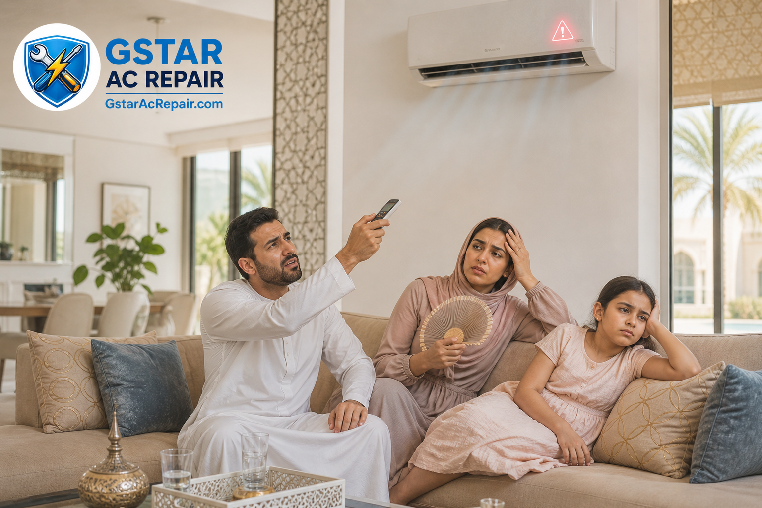 Frustrated family in Khalifa City Abu Dhabi facing AC not cooling issue inside modern villa, searching for AC repair near me