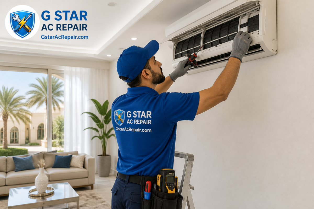 Professional AC technician from G Star AC Repair Khalifa City fixing split air conditioner inside luxury Abu Dhabi villa