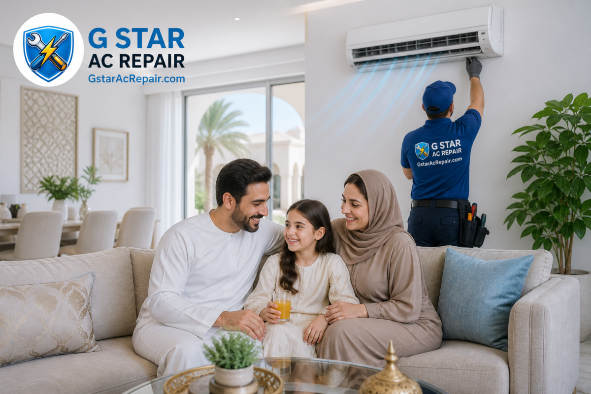 Happy family relaxing in cool living room after AC repair service by G Star AC Repair Khalifa City in Abu Dhabi villa