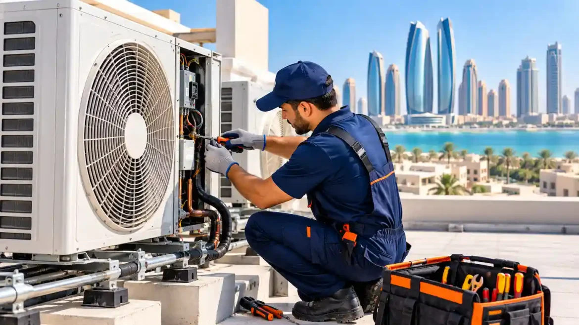 HVAC technician working on an outdoor air conditioning unit in Abu Dhabi