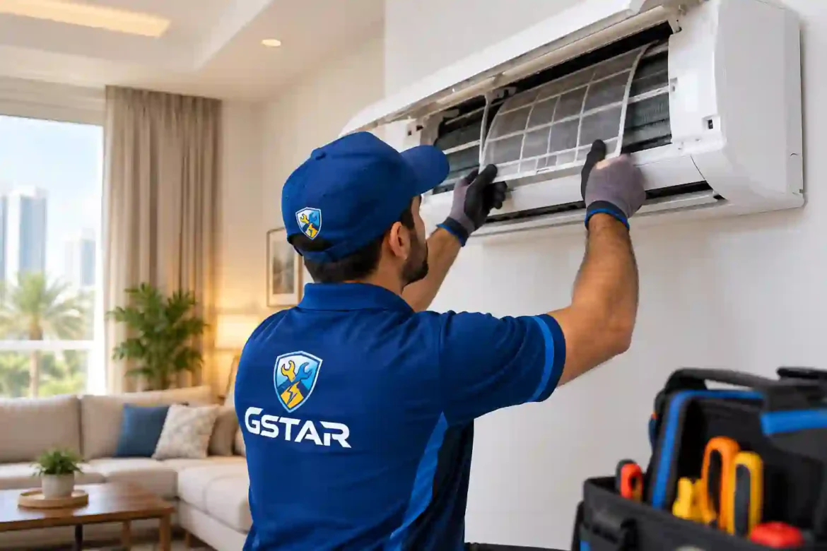 GSTAR technician providing home air conditioning repair in Abu Dhabi